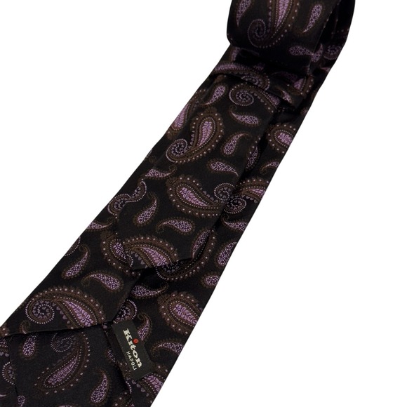 Kiton Napoli Men's Tie Black & Purple AOP Paisley Silk 3.75